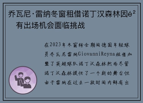 乔瓦尼·雷纳冬窗租借诺丁汉森林因鲜有出场机会面临挑战 乔瓦尼·雷纳冬窗租借诺丁汉森林因鲜有出场机会面临挑战